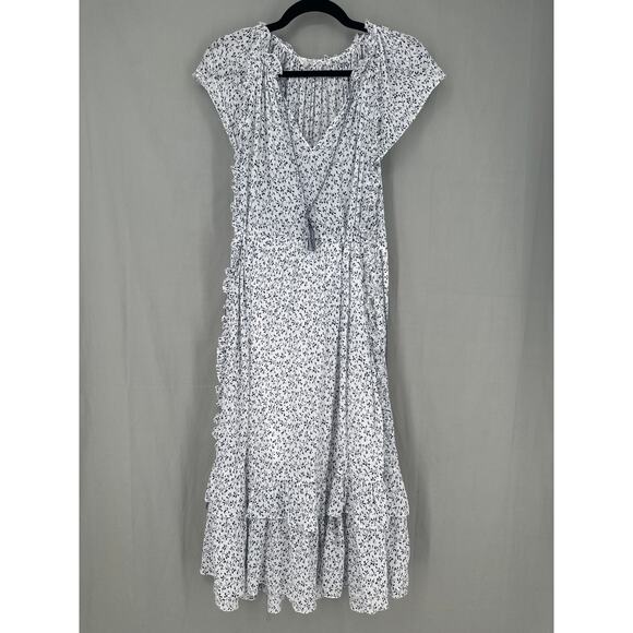 Ulla Johnson Dress Womens 2 White Floral Midi Navy Blue Tiered Ruffle Cottage - Picture 5 of 7